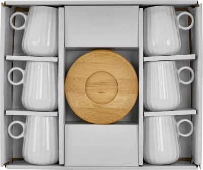 Set filxhanësh espresso Ripple, 6 copë, porcelan i bardhë, bambu natyral, 26x23x6
