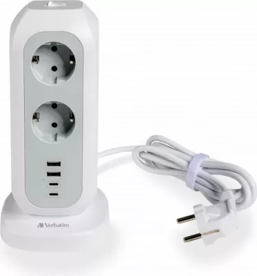 Zgjatues rryme Verbatim Power Tower 49547, 11 priza Schuko, 4 USB (2x USB-C, 2x USB-A), kabllo 2 m, 3600 W, i bardhë