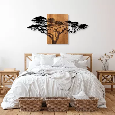 Aksesor dekorativ për mur, dru dhe metal, motiv peme akacie, ngjyrë e zezë dhe arre, 144x3x70cm