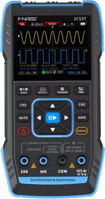 Osiloskop portabël 3-në-1 me multimetër dhe gjenerator sinjali, FNIRSI 2C53T, 2×50 MHz/250 MSa/s, ekran 2.8", gjenerator 1–50 kHz, bateri 3000 mAh, set me sonda