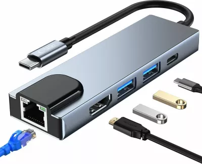 HUB Tech-Protect V3 5in1, USB-C, USB-A 3.0, USB-A 2.0, USB-C, HDMI, RJ45, Gri