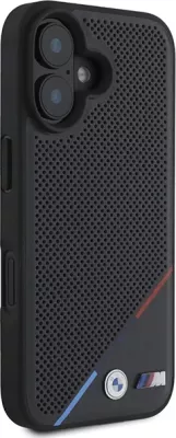 Mbështjellës BMW M Perforated Tricolor Line MagSafe për iPhone 16 Plus, Zi