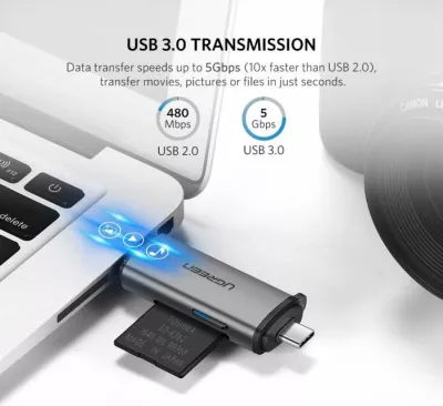 Lexues kartelash UGREEN 50706 2-në-1 USB 3.0/USB-C, deri 5Gbps, SD/microSD, argjendtë, në kuti
