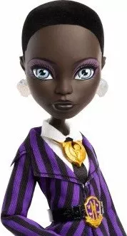 Kukull koleksionuese Mattel Monster High x Wednesday Bianca (JDR71) 28 cm, me çantë dhe stand, vjollcë/zezë