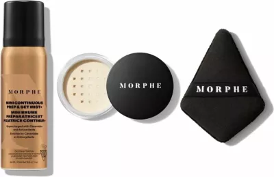Morphe Set – Continuous Prep & Set Mist + Translucent Setting Powder + Highlight & Contour Sponge