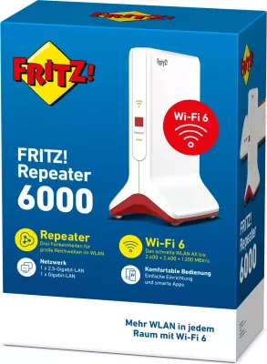 Router portabil AVM FRITZ!Repeater 6000, Wi-Fi 6, Tri-band, Ethernet LAN, Kuq, Bardhë