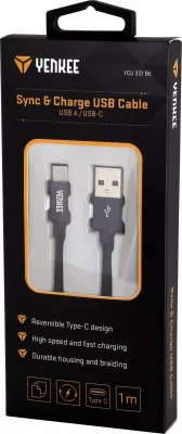 Kabllo YENKEE YCU 301BK, USB A 2.0 në USB Type C, 1m, E zezë
