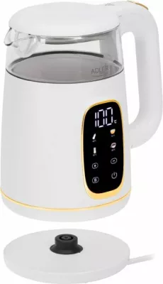 Çajnik elektrik ADLER AD 1305 WG 1.7L me kontroll temperature, ekran LED, prekje (touch), i bardhë/transparent me detaje ari