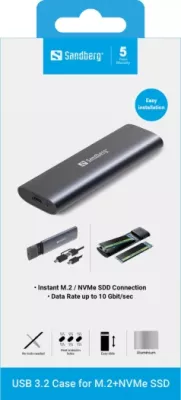 Kasë Sandberg 136-39 për SSD M.2 NVMe, USB 3.2 Gen 2 10Gbps, deri 4TB, gri e errët