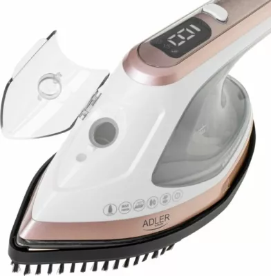 Hekur me avull 2-n-1 Adler AD5044, depo uji 180 ml, pllaka qeramike, me furçë, bardhë/ari