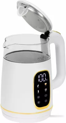 Çajnik elektrik ADLER AD 1305 WG 1.7L me kontroll temperature, ekran LED, prekje (touch), i bardhë/transparent me detaje ari