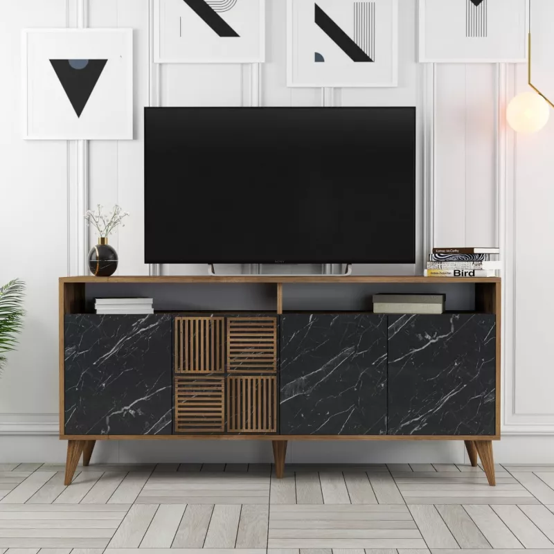 Bufe melamine FH9506.02, ngjyrë arre me dyer pamje mermeri të zi, 160x35x78H cm