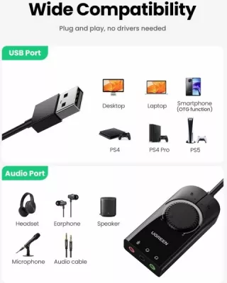 kartë zëri USB e jashtme UGREEN 40964, USB 2.0, 3x 3.5mm, kontroll volum + mute, e zezë