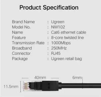 Kabllo rrjeti LAN Cat6 UGREEN 20163 8m UTP RJ45, e zezë, polybag