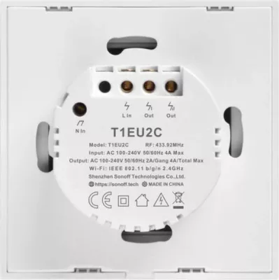 Switch muri smart SONOFF T1EU2C-TX, Wi-Fi + RF433, 2-kanal, EU, i bardhë