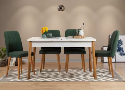 Tavolinë me karrige për ngrënie, e zgjatshme, 5 copë, Skye Decor, Santiago, e bardhë, e gjelbër