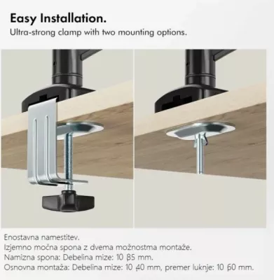 Mbajtëse monitori me krah gaz VONHAUS 3000914, deri 32 inç, VESA 75x75/100x100, 9 kg, montim me clamp ose në vrimë, e zezë