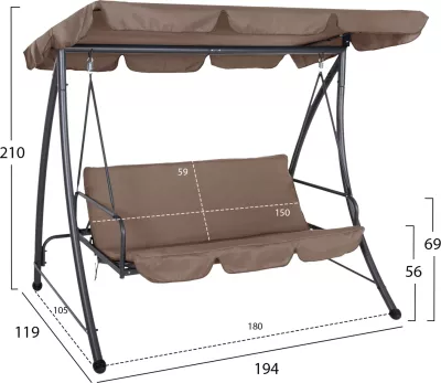 Shilte për verandë, 3-vendëshe, LIKID, FH5980.02, kornizë metalike, ngjyrë gri, pëlhurë ngjyrë kafe e çelur, 200x120x164H cm