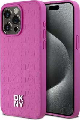 Mbështjellës DKNY Leather Monogram Pattern Metal Logo MagSafe për iPhone 15 Pro Max, Rozë
