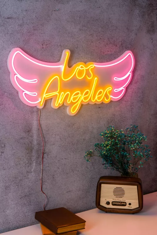 Dekor ndriçues plastik LED, Los Angeles, rozë dhe verdhë, 70x31x2 cm