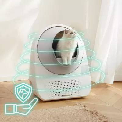 Kuti inteligjente vetëpastruese për rërë maceje Catlink Luxury Pro-X 57 L, 13 L depo mbetjesh, e bardhë, set me 3 qese + 2 filtra