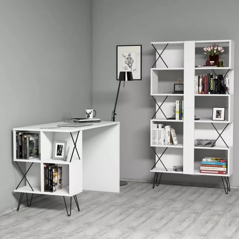 Set tavoline studimi me raft librash Hanah Home, ekstra, e bardhë