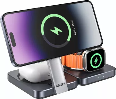 Stacion karikimi Unitek P1300AGY01 3-në-1 Qi2 15W me kabllo USB-C 1.5 m, gri
