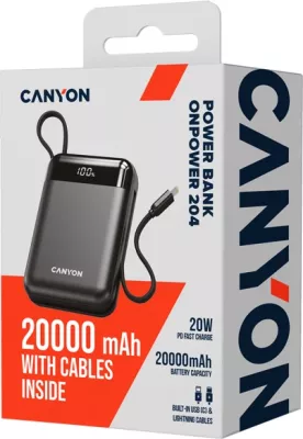 Power bank CANYON OnPower 204 20000 mAh 22.5 W, kabllo e integrume USB-C/Lightning, e zezë