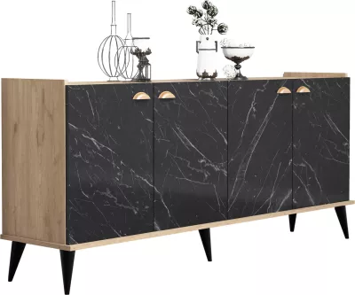 Bufe melamine, hije druri natyral - pamje mermeri të zi, FH9045.01, 180x41x77,8Y cm