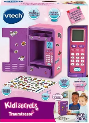 Kasafortë interaktive për sekrete Vtech KidiSecrets Dream Treasure 554154, me kod numerik, ekran LCD, 6 lojëra, orë/alarm, 3xAA, vjollcë