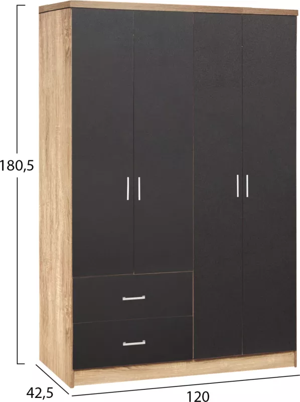Dollap 4 dyer me 2 sirtarë FH339.04 Sonama-Gri 120x42x181cm
