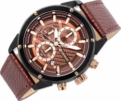 Orë dore Giewont GW8810-A3 Chronograph kuarc qelq safiri 45 mm rrip lëkure, kafe/zezë