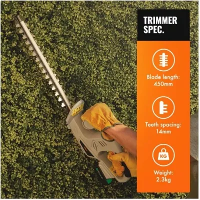Prerëse shkurresh pa kabllo VonHaus F-Series 12V MAX 2.0Ah, teh 45 cm, prerje 14 mm, me bateri dhe karikues, gri/portokalli