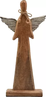 Dekor për Krishtlindje, engjëll me krahë, dru mango natyral, alumin argjendi, 21x6x43cm