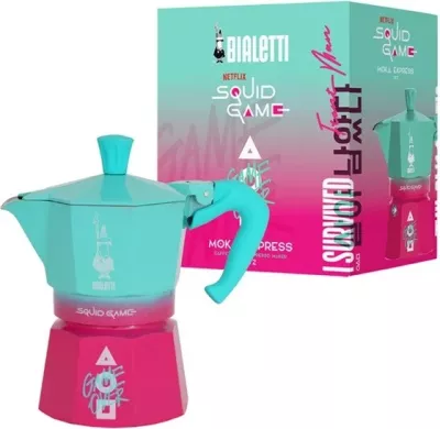 Moka pot Bialetti Moka Express Squid Game, 3 filxhanë, rozë/turkuaz