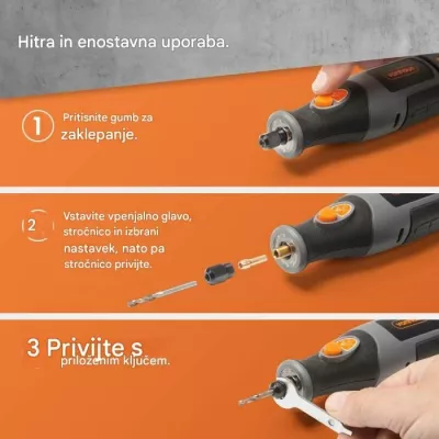 Vegël rrotulluese me bateri VONHAUS 3500392, 8V 2.5Ah, 5,000–25,000 RPM, me kasë dhe set aksesorësh, zi/portokalli