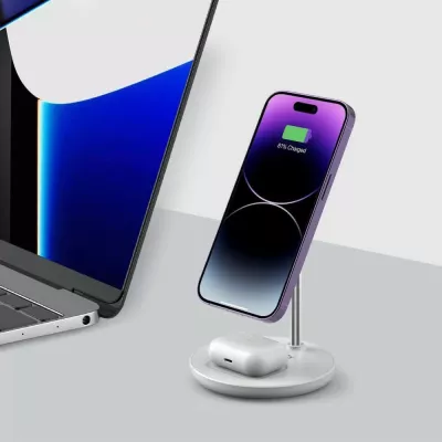 Karikues induktiv 2-në-1 Tech-Protect QI15W-A21 me MagSafe, 15W, për smartphone dhe kufje, Bardhë