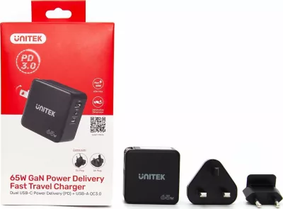 Karikues rrjeti Unitek P1117B GaN PD 65W 1x USB-A + 2x USB-C, 3.25A, i zi, set me adaptera EU/UK