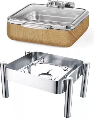Kornizë/ngrohës për chafing dish, Fine Dine De Luxe Madeira GN 2/3, çelik inox AISI 304 2.7 mm, përshtatje induksion, kapak xhami, argjendtë