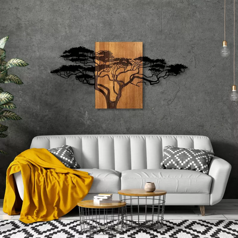 Aksesor dekorativ për mur, dru dhe metal, motiv peme akacie, ngjyrë e zezë dhe arre, 144x3x70cm