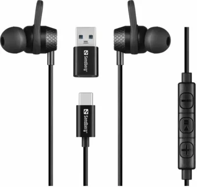 Kufje SANDBERG USB-C/A In-Earset 126-50, me mikrofon në kabllo, kabllo 1.2 m, set me adapter USB-C në USB-A + 3 palë tips, e zezë