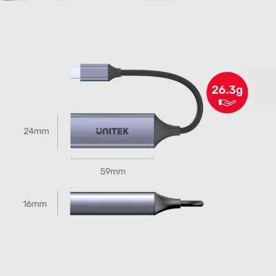 Adapter Unitek USB-C në RJ45 1Gbit LAN, PD 100W
