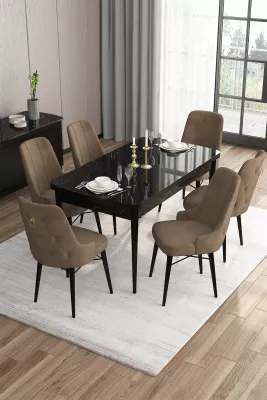 Set tavoline me karrige për ngrënie, zgjatues, 7 pjesë, Skye Decor, mermer i zi, kafe
