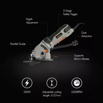 Mini sharrë rrethore VONHAUS 3500253 550W, set me 3 tehe + çantë, e zezë/gri