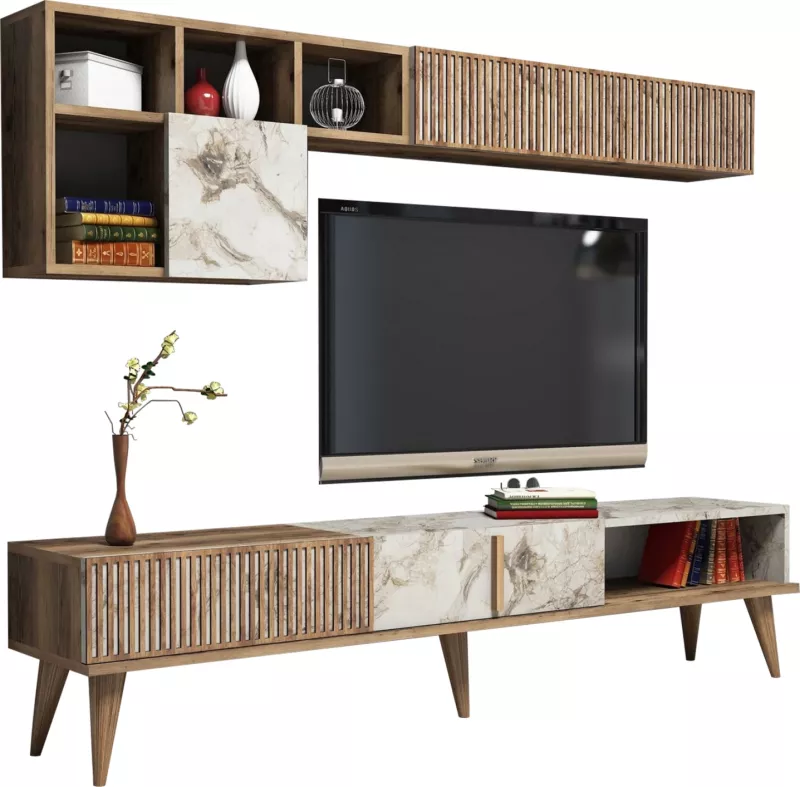 Mobilje TV melamine, ngjyrë arre dhe mermer i bardhë, 180x35x40 cm, FH9438.01