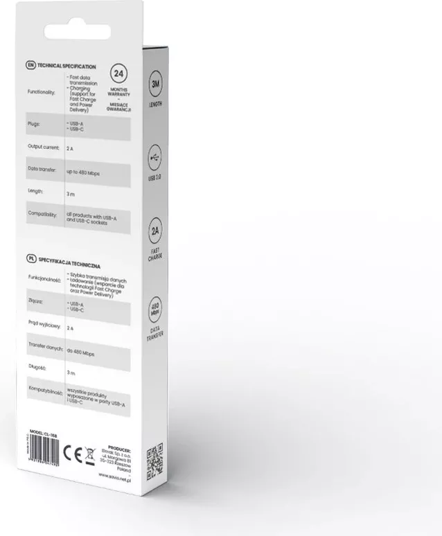 Kabllo Savio USB-A/ USB-C, 2m, e bardhë  