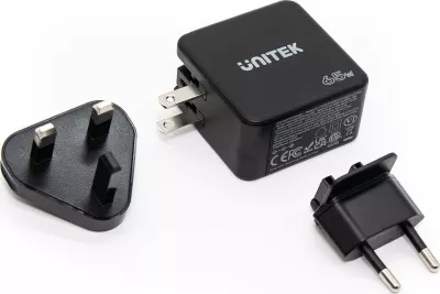 Karikues rrjeti Unitek P1117B GaN PD 65W 1x USB-A + 2x USB-C, 3.25A, i zi, set me adaptera EU/UK