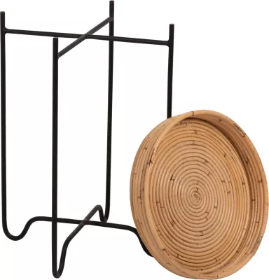 Tavolinë anësore rrethore FLY, rattan natyral, bazë metalike e zezë, Φ40x53H cm