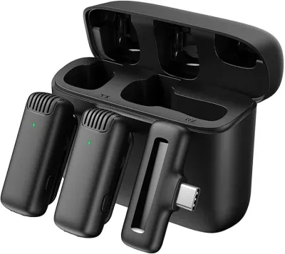 Set mikrofonë lavalier wireless Apexel APL-MIC008 me kuti karikimi, 2 copë, i zi