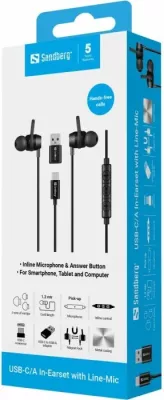 Kufje SANDBERG USB-C/A In-Earset 126-50, me mikrofon në kabllo, kabllo 1.2 m, set me adapter USB-C në USB-A + 3 palë tips, e zezë